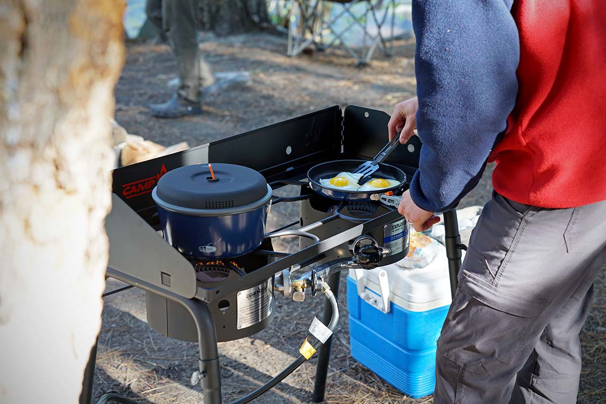 Camping checklist (cooking eggs on freestanding camping stove)