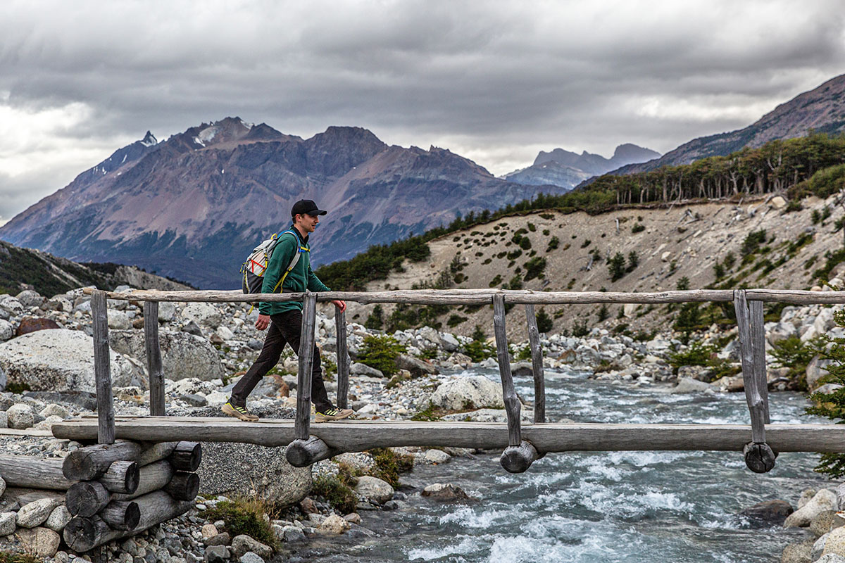 Adidas Terrex Swift R3 GTX hiking shoe (walking across bridge in Patagonia)