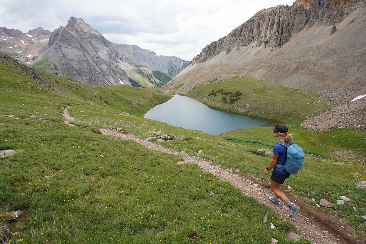 Hiking on trail in the Altra Lone Peak ALL WTHR Mid hiking boot 2 (San Juan Mountains)