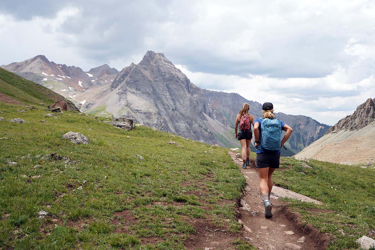 Hiking on trail in the San Juan Mountains (Altra Lone Peak ALL WTHR Mid hiking boot)