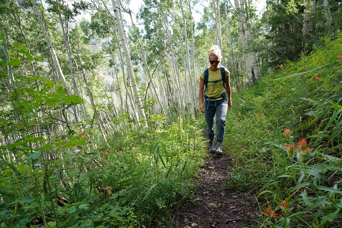 Hiking through wildflowers in the Altra Lone Peak ALL WTHR Mid hiking boot