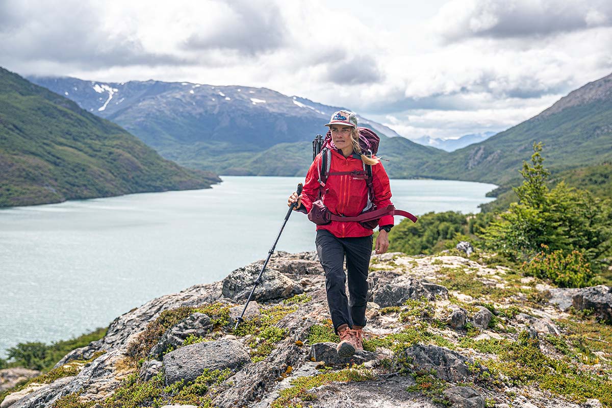 Hiking on rocks above lake (Altra Lone Peak Hiker 2 hiking boots)