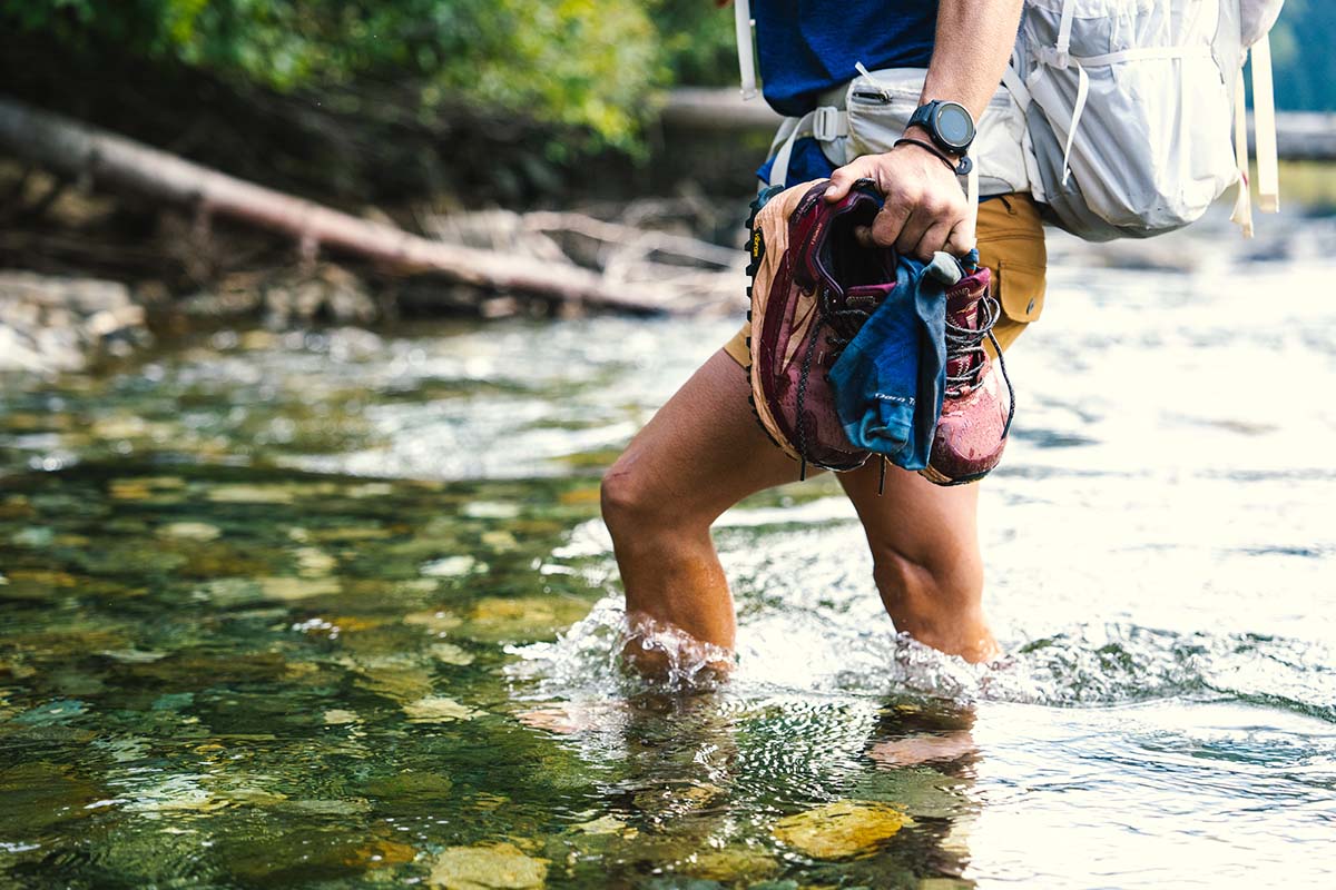 Altra Olympus 5 Hike Low GTX hiking shoe (close up crossing river)