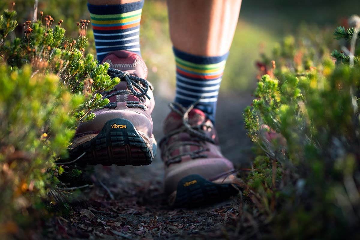 Altra Olympus 5 Hike Low GTX hiking shoe (close up on trail)