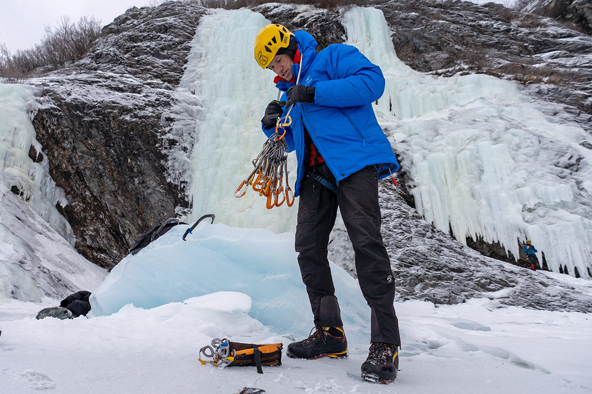 Arc'teryx Alpha Lightweight Parka (organizing quickdraws ice climbing)