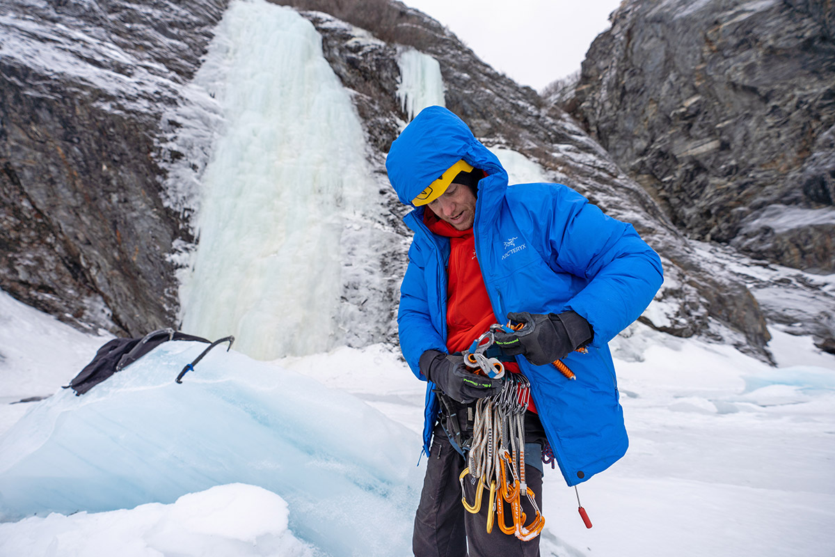 Arc'teryx Alpha Lightweight Parka (racking up ice screws)