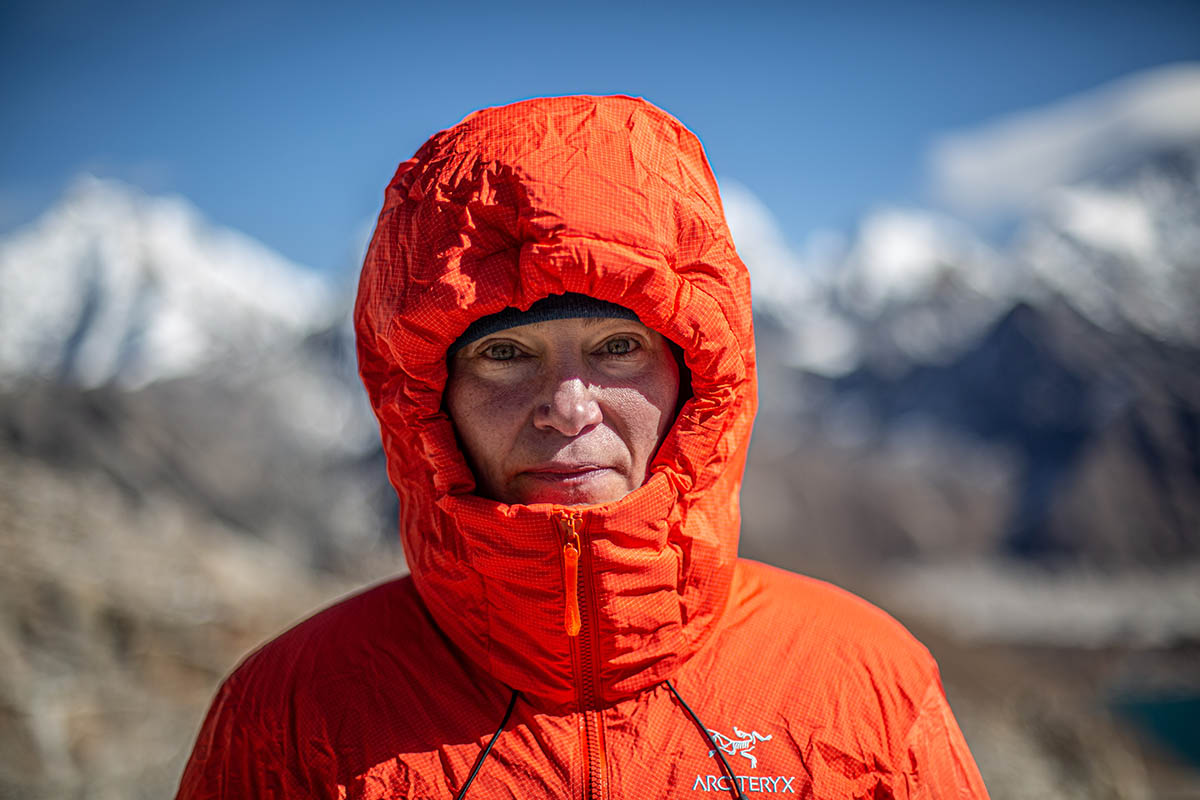 Arc'teryx Alpha Parka (closeup with hood on)