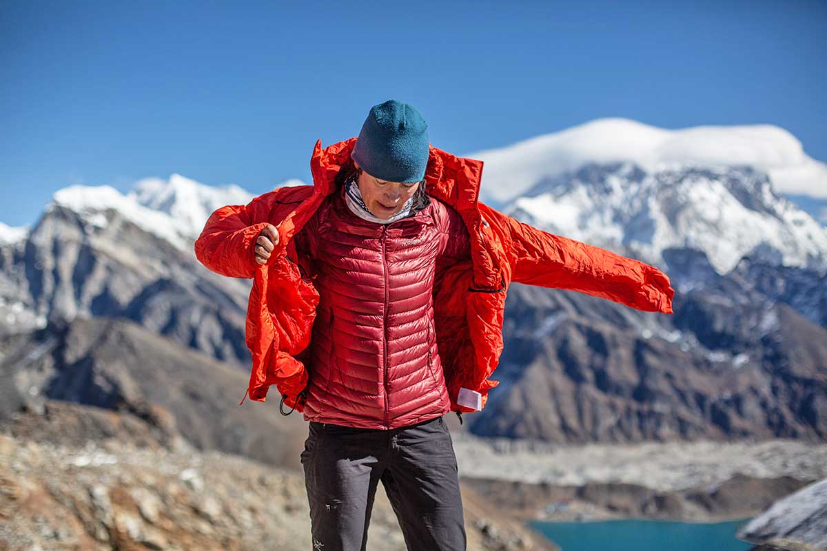 Arc'teryx Alpha Parka (putting on jacket in mountains)