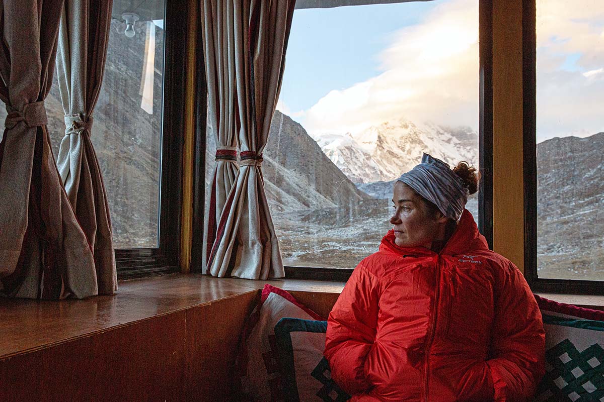 Sitting in tea house in Nepal (wearing Arc'teryx Alpha Parka)