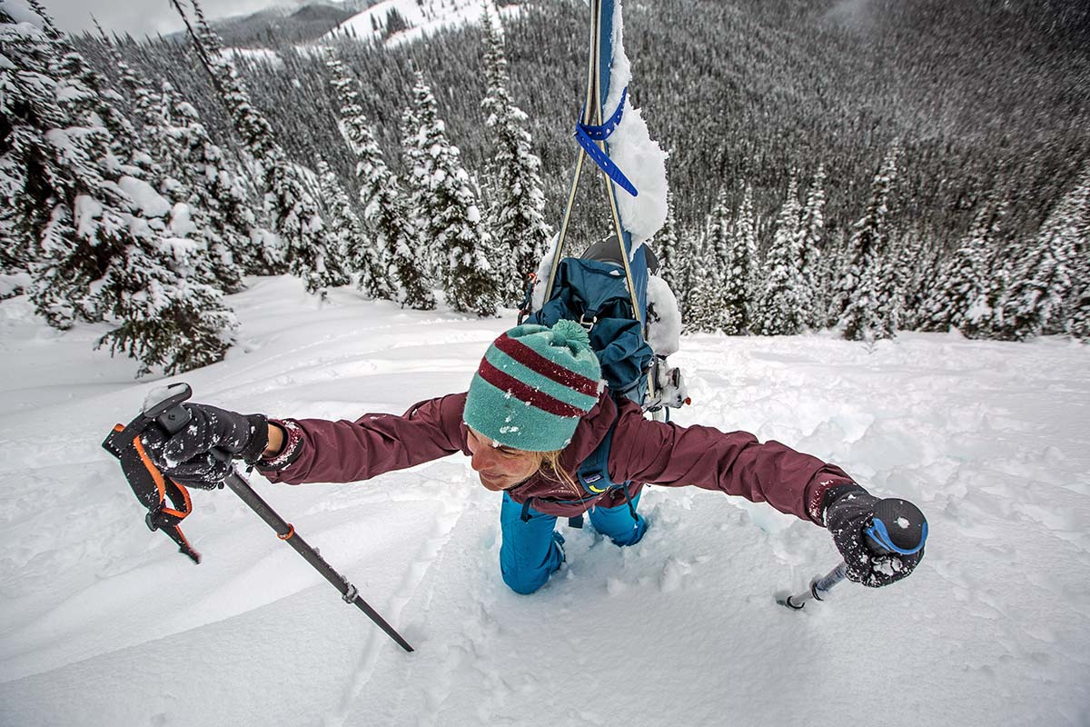 Bootpacking up snow slope (Arc'teryx Beta FL hardshell jacket)