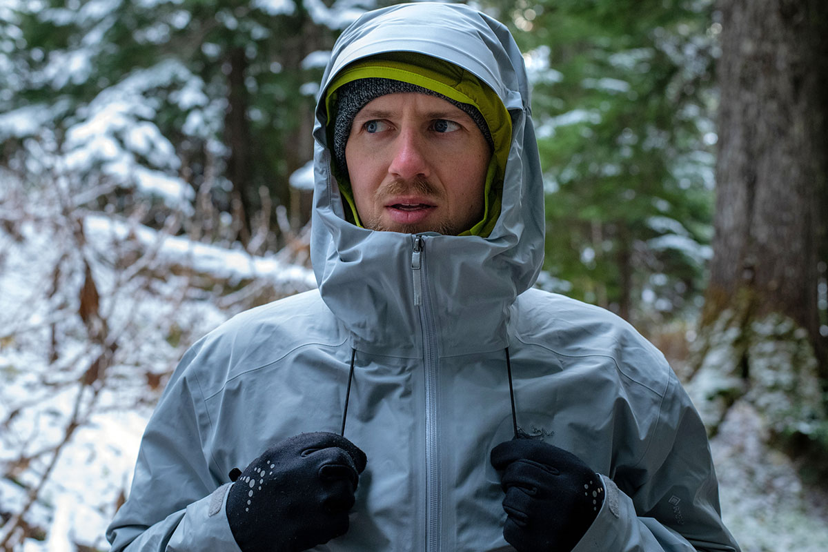 Arc'teryx Beta LT hardshell jacket (with hood on)