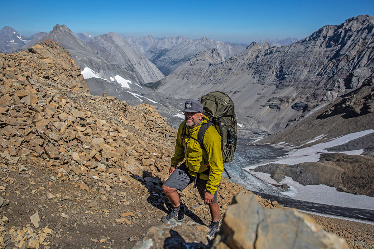 ​​Arc'teryx Bora 75 backpacking backpack (hiking uphill in sun)