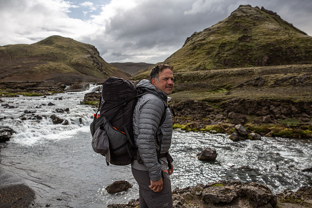 Arc'teryx Cerium Hybrid Hoody (view from side with pack on)