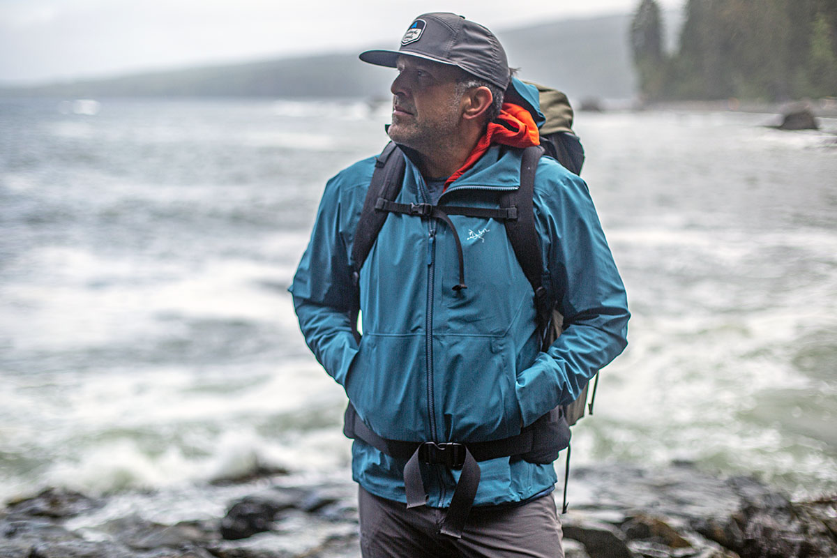 Arc'teryx Ralle Jacket (standing on beach with pack on)