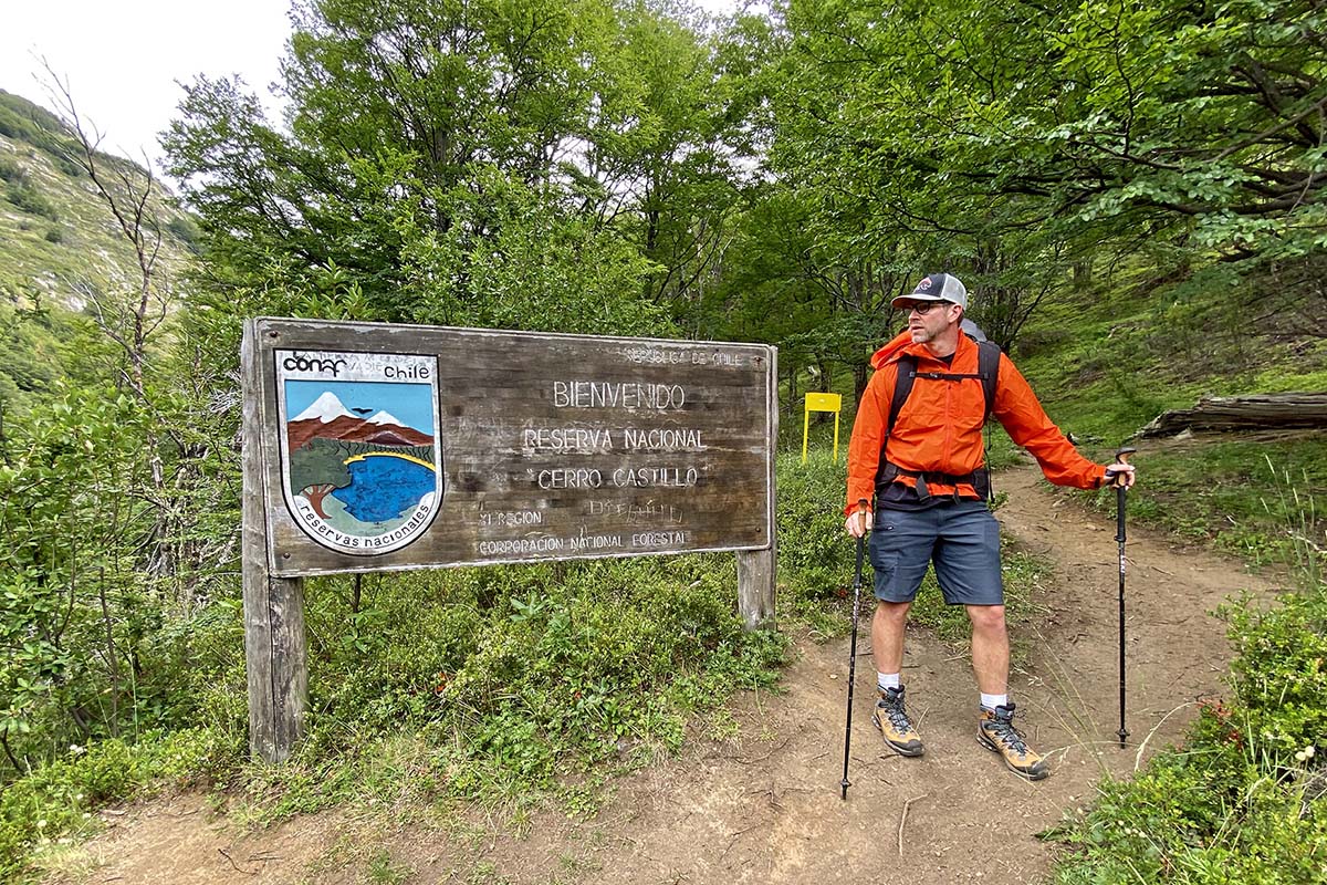 Arc'teryx Squamish Hoody windbreaker jacket (standing beside Cerro Castillo sign)