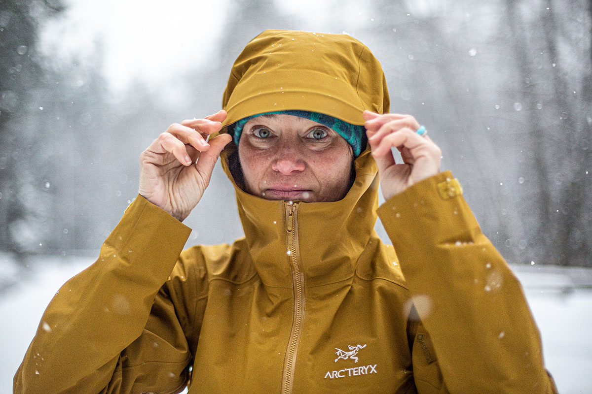 Arc'teryx Zeta AR Jacket (hood up in snow)