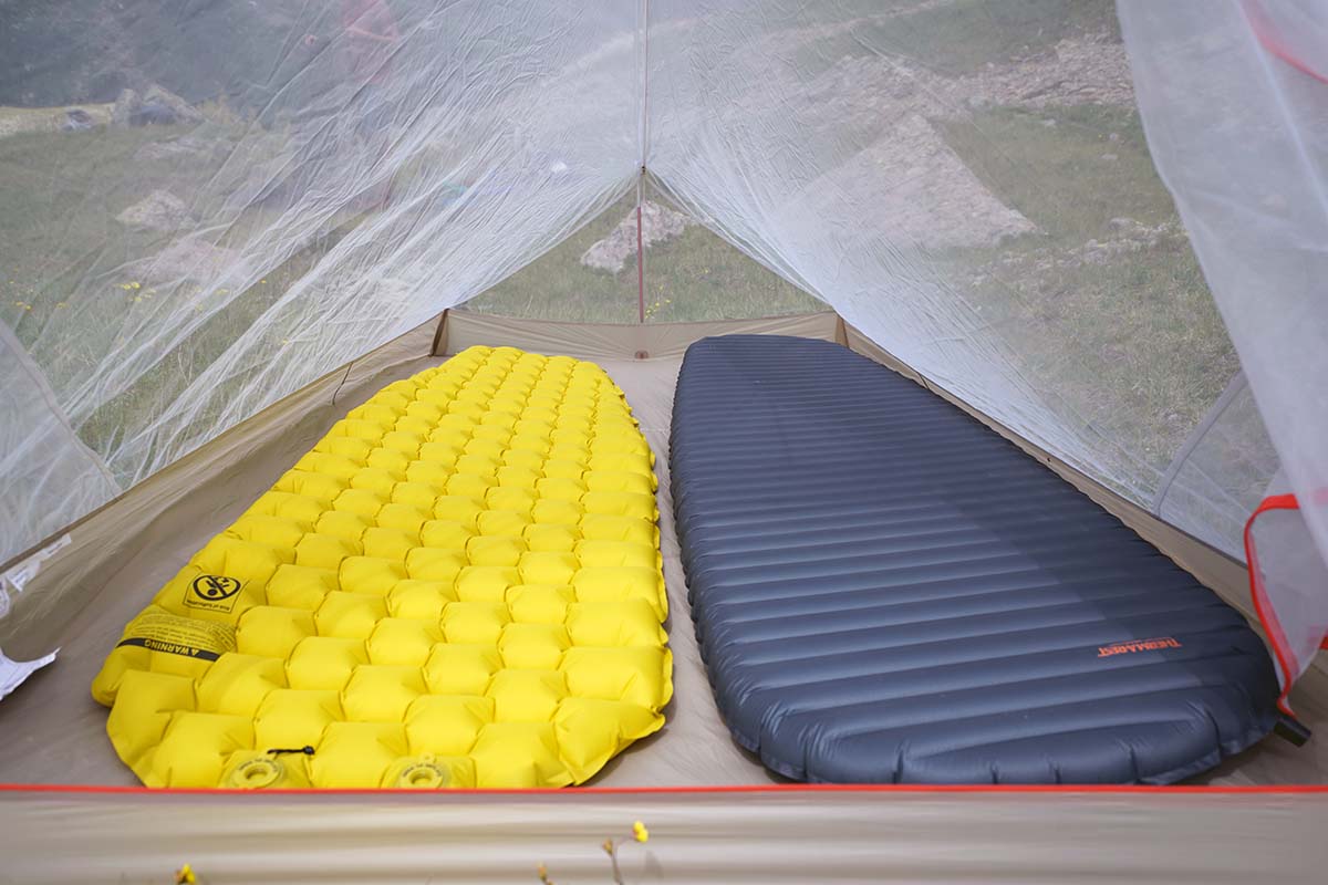 Two sleeping pads in tent (Big Agnes Fly Creek HV UL2 Solution Dye)