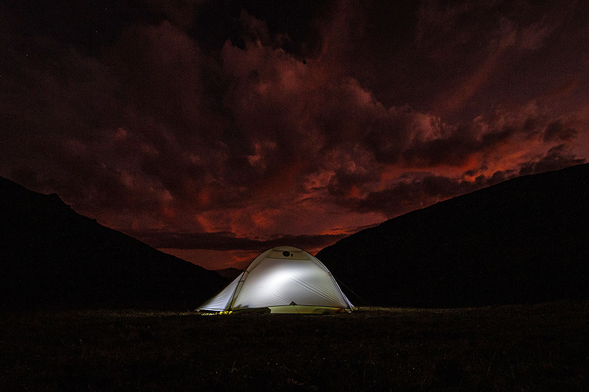 Big Agnes Tiger Wall UL3 mtnGLO Solution Dye tent (lights on at night)