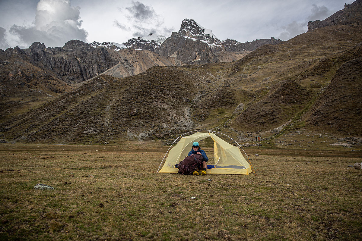 Big Agnes Tiger Wall UL3 mtnGLO Solution Dye tent (reaching into backpack)