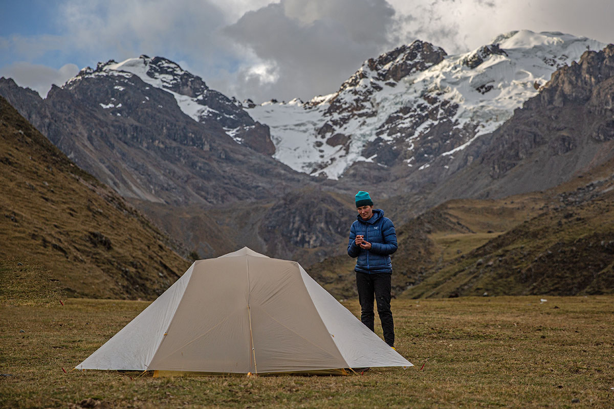 Big Agnes Tiger Wall UL3 mtnGLO Solution Dye tent (standing next to tent)