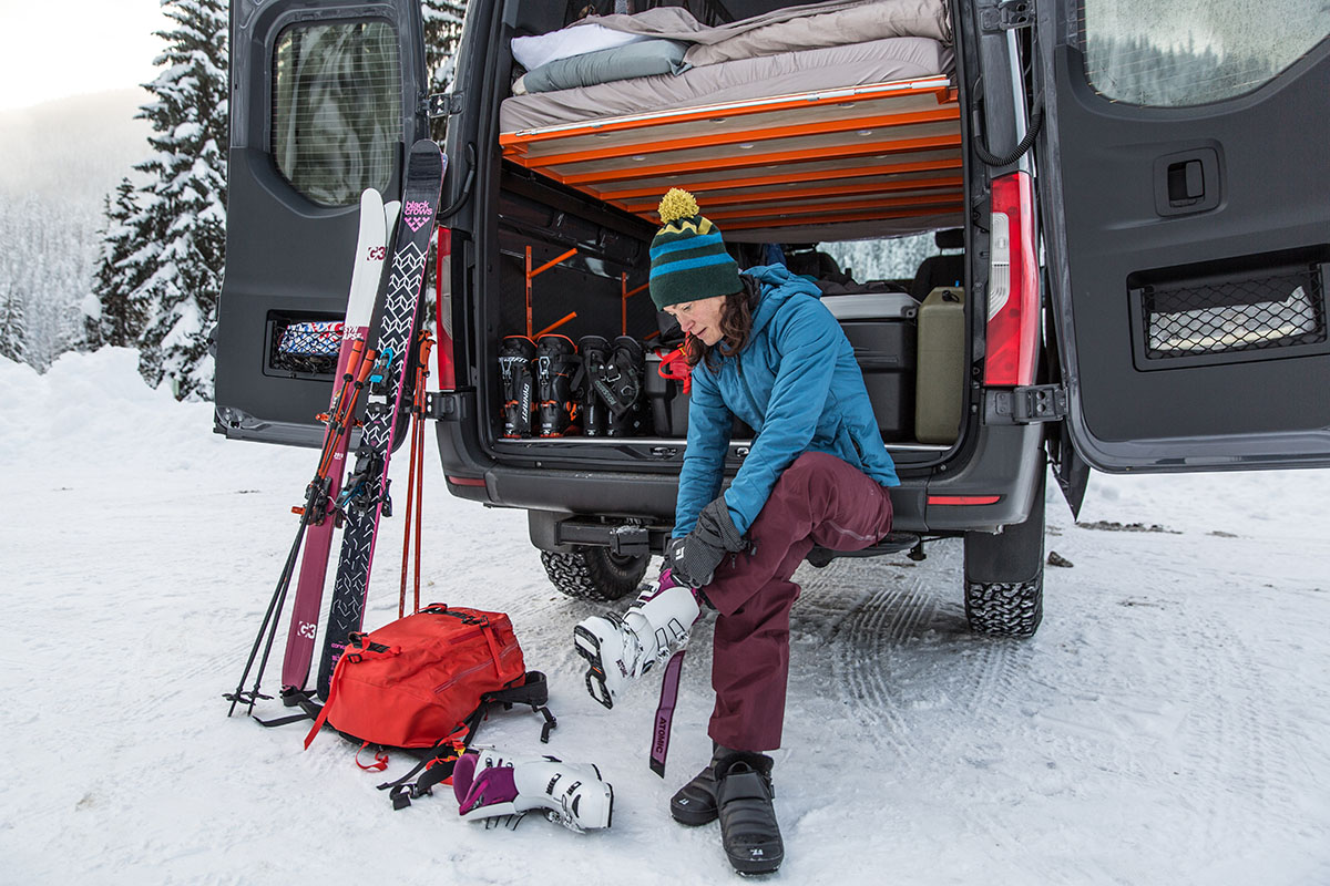 Black Diamond First Light Stretch Hoody (putting on ski boots)