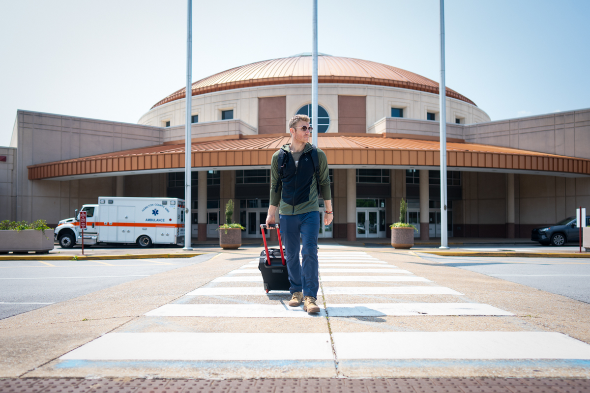 Bluffworks Envoy Lightweight Travel Pants Review (wearing the OR Ferrosi Pants outside an airport)