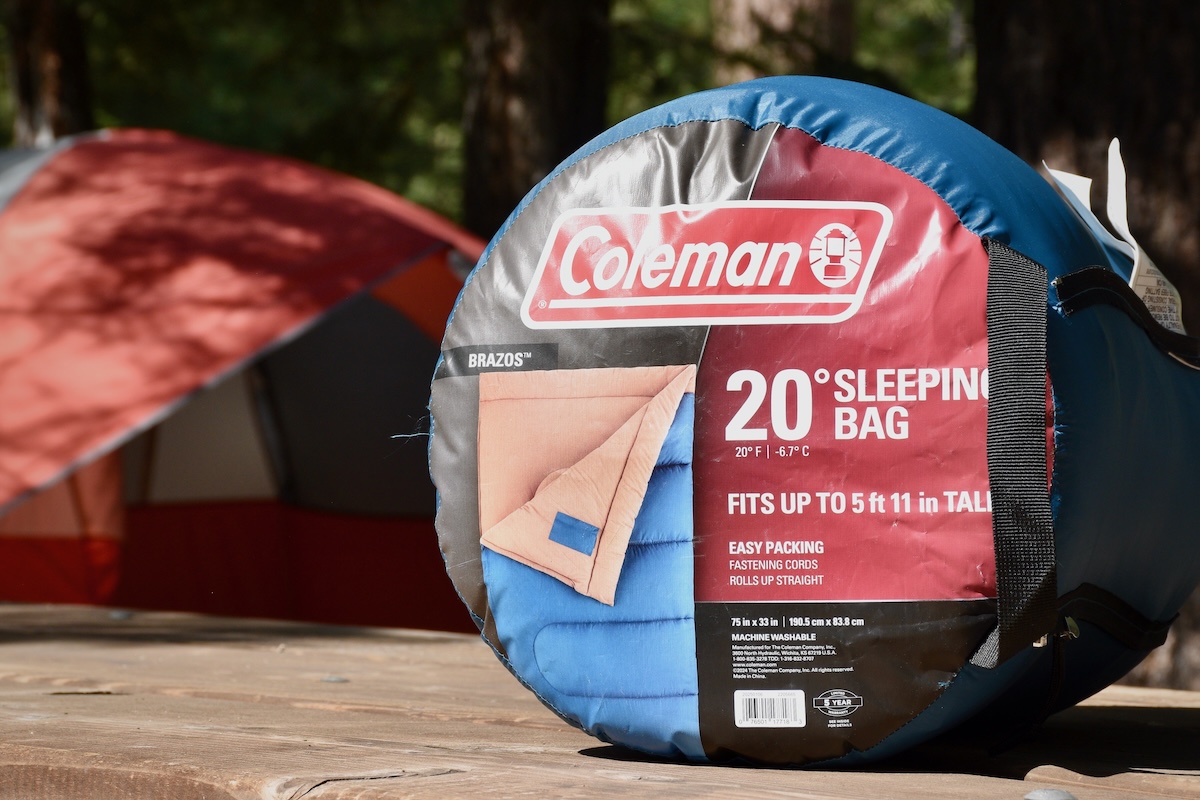 The Coleman Brazos sleeping bag in its stuff sack