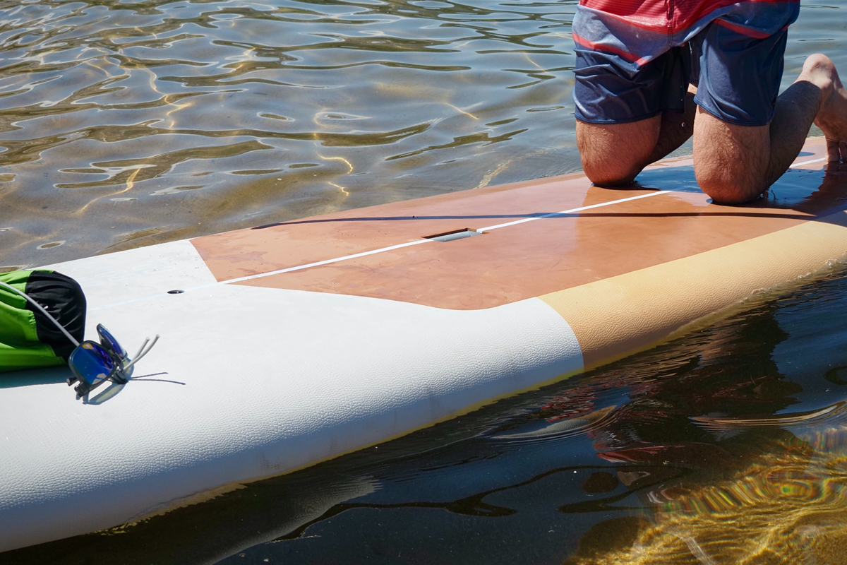 Showing the textured foam padding on the Dax DownDog stand up paddle board