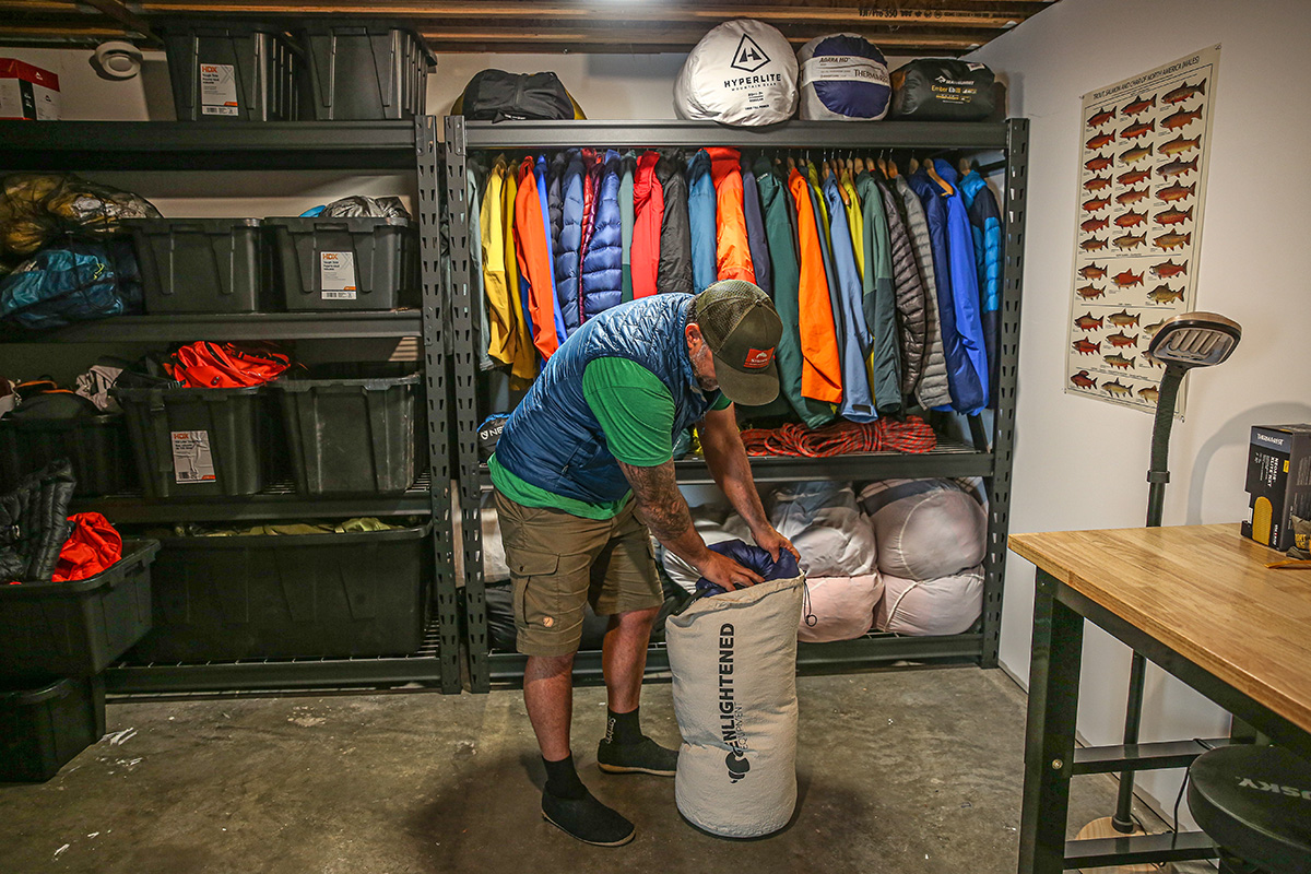 Enlightened Equipment Enigma 20 Quilt (stuffing into cotton sack)
