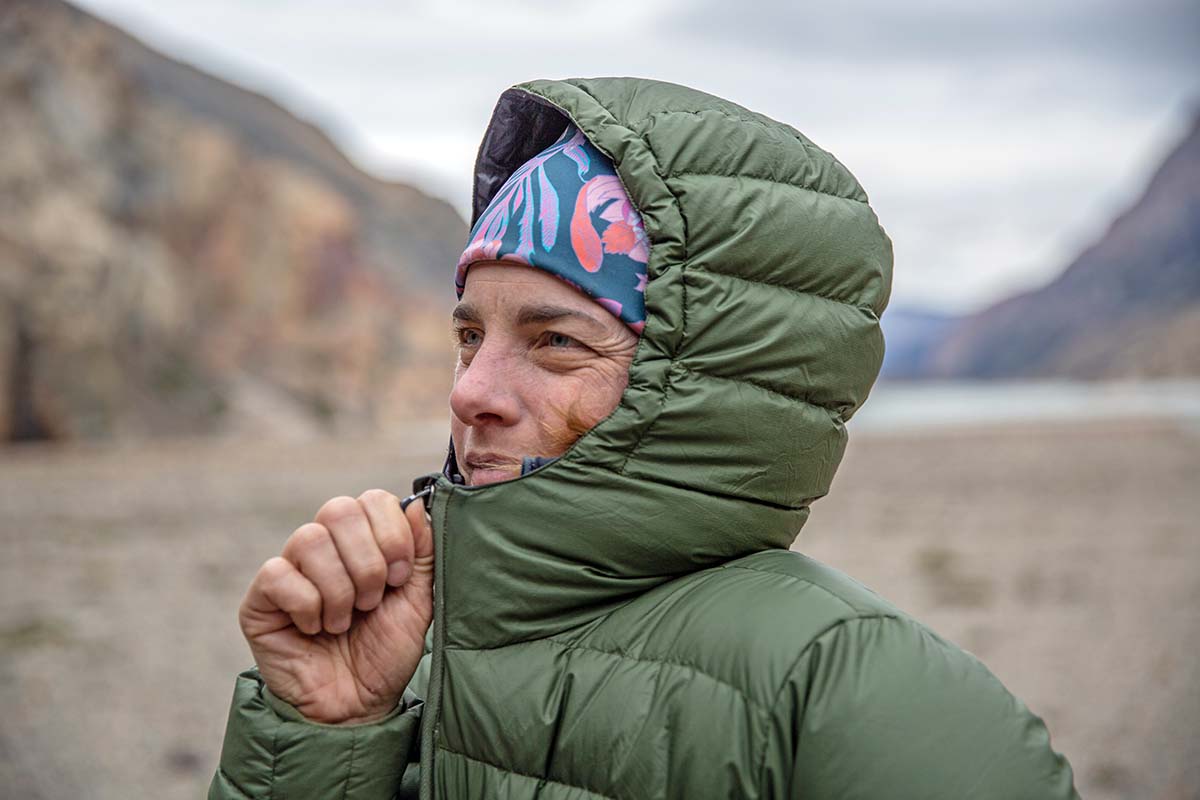 Feathered Friends Eos Down Jacket (Zipping up hood)