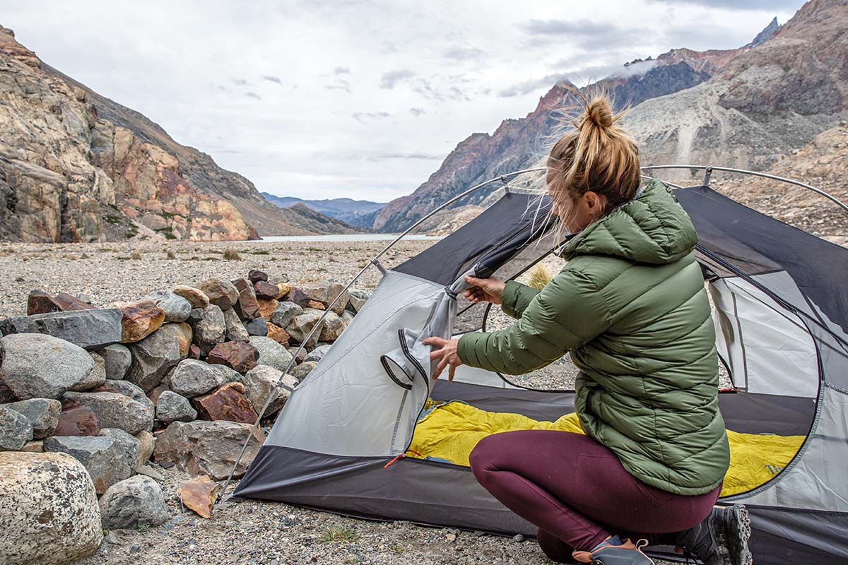 Feathered Friends Eos Down Jacket (setting up tent)