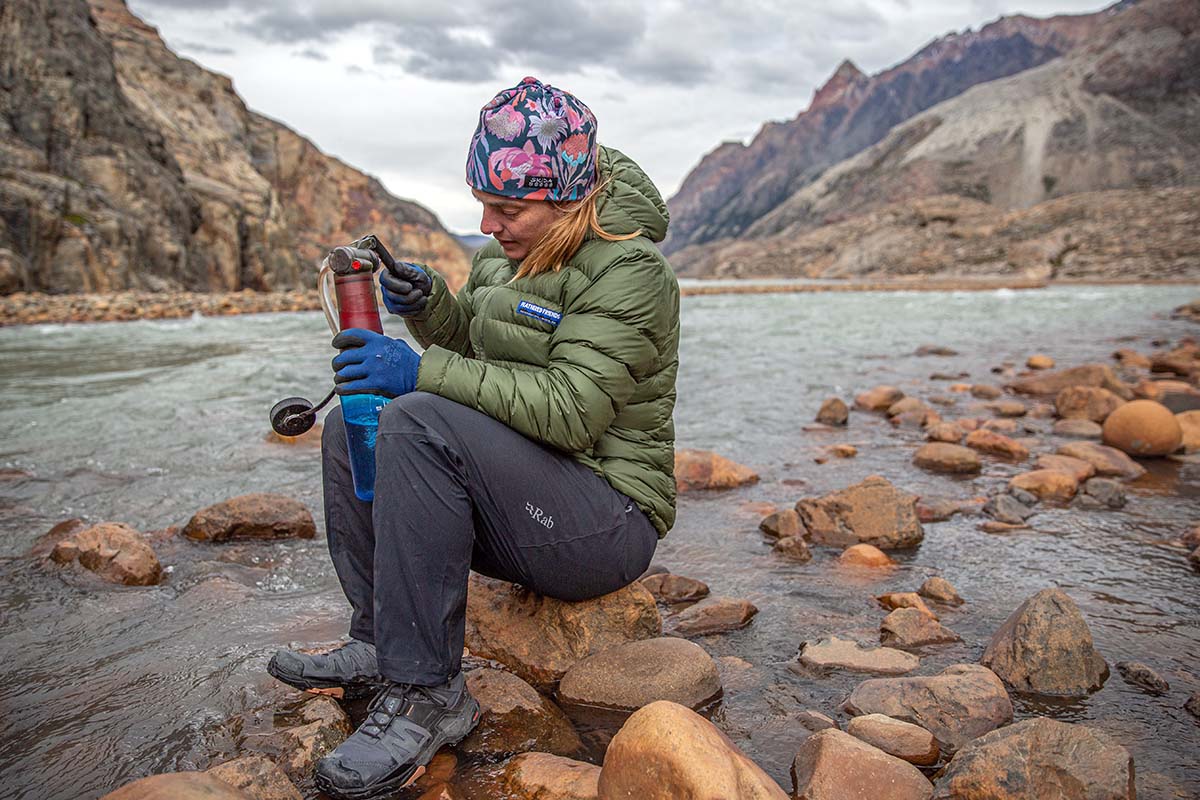 Filtering water with MSR Guardian (Feathered Friends Eos Down Jacket)