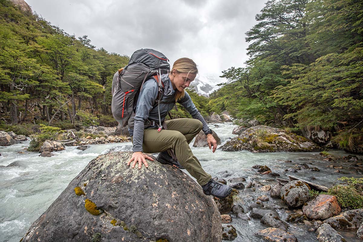 Gregory Facet 55 backpacking pack (stepping down from boulder)