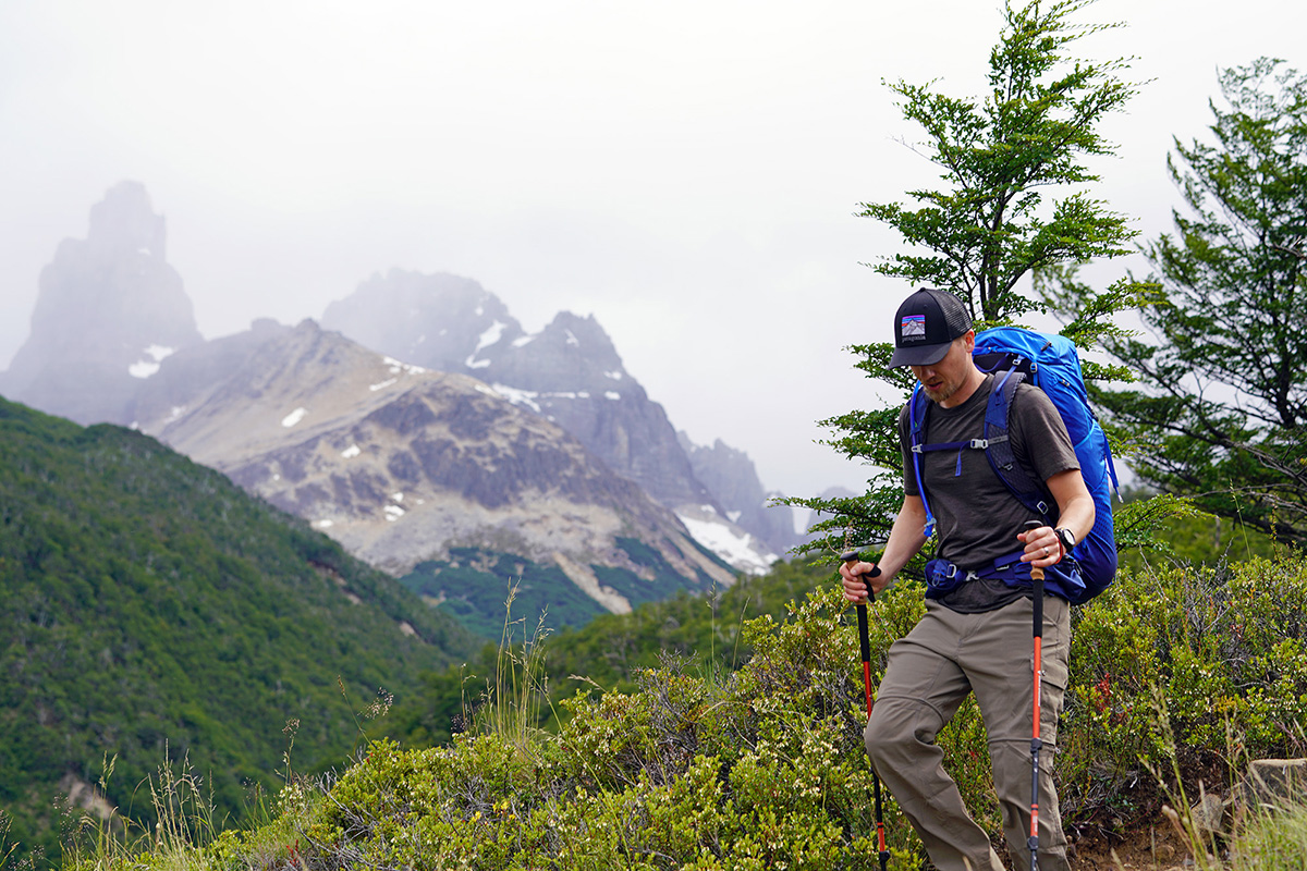 Gregory Optic 58 backpacking pack (hiking looking down)