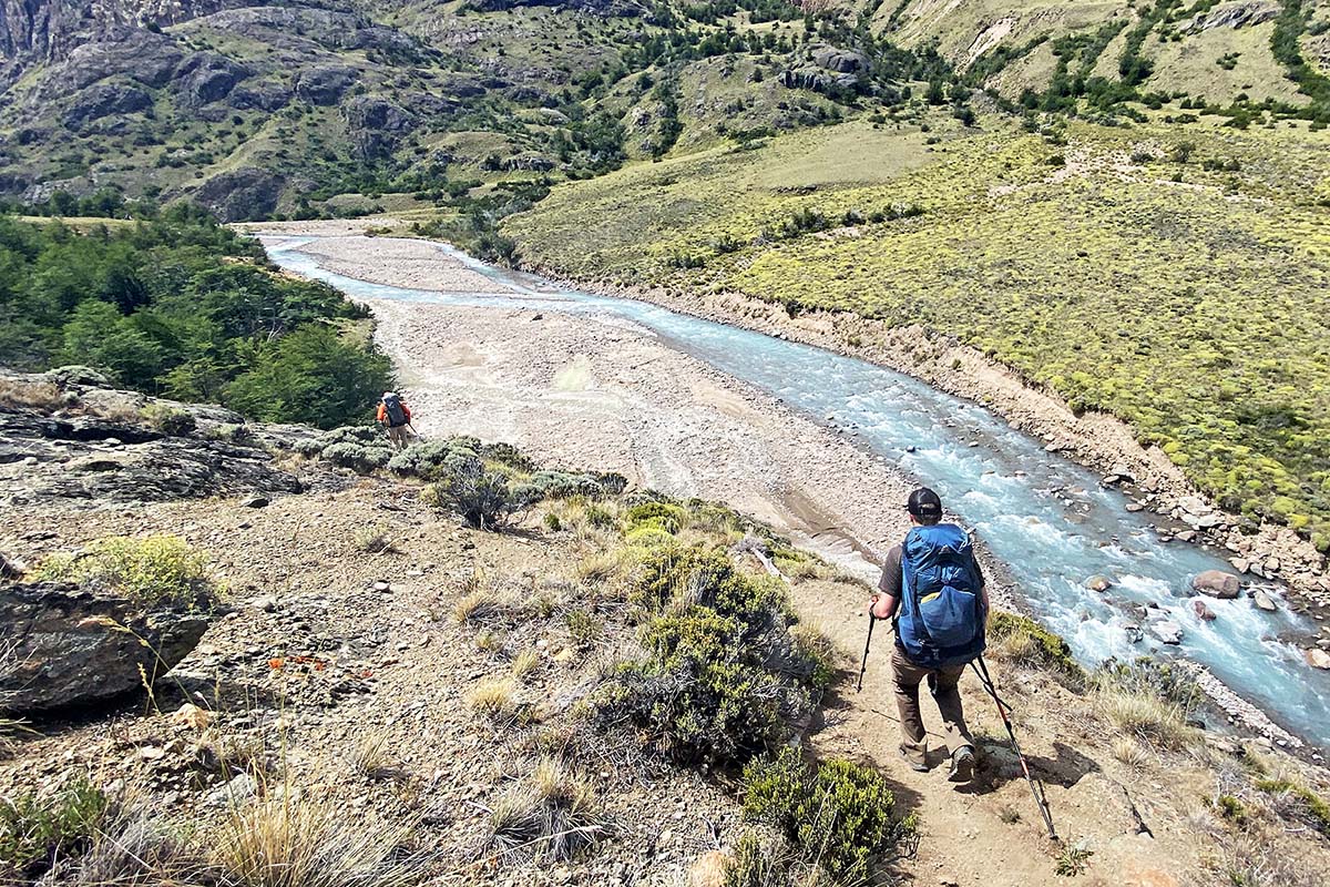 Gregory Paragon 58 backpacking pack (hiking beside river)