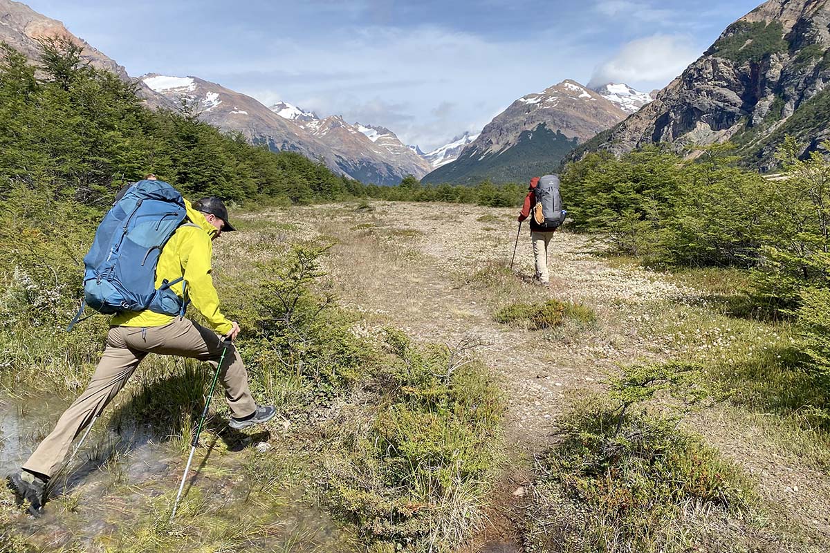 Gregory Paragon 58 backpacking pack (jumping across bog)