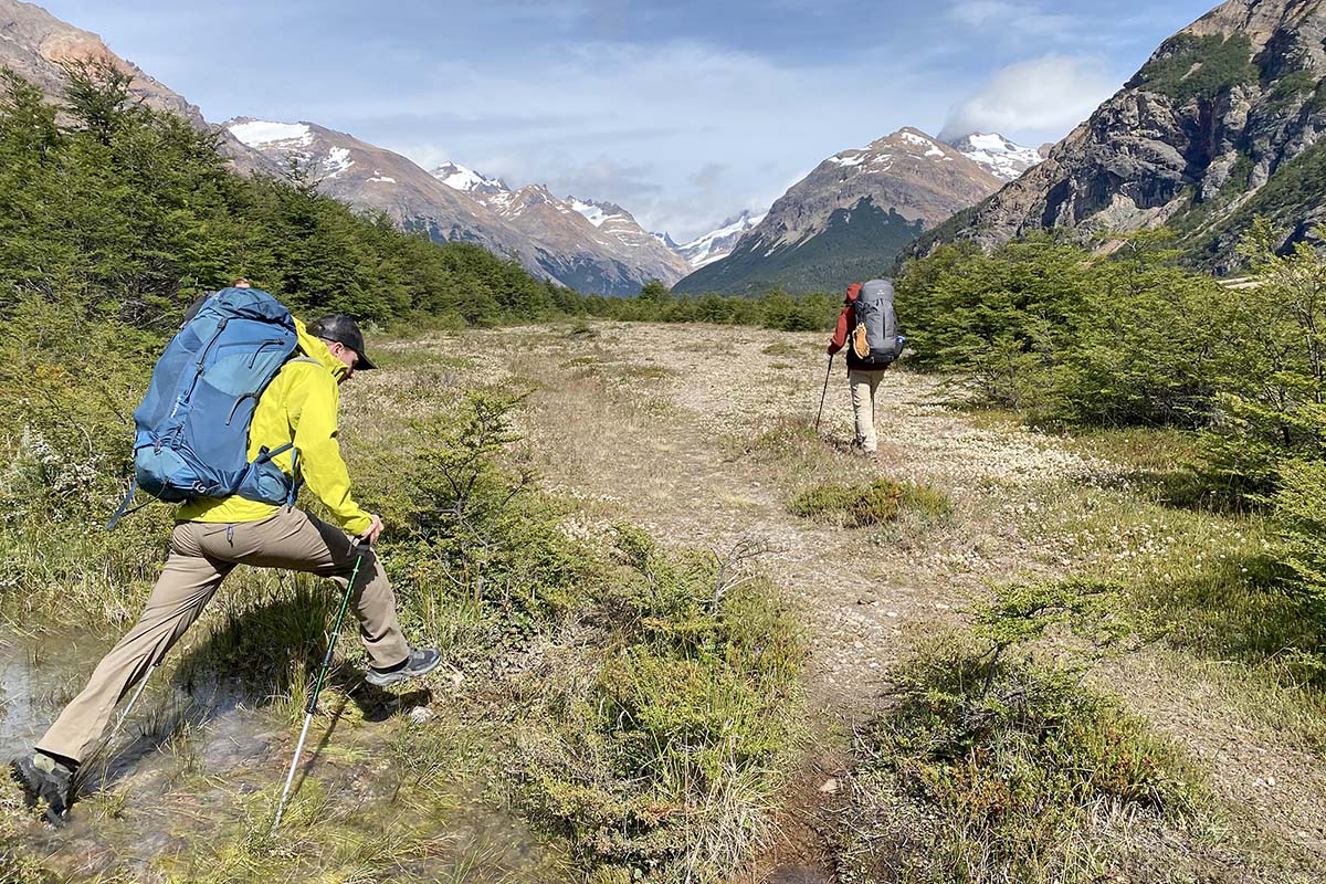 Gregory Paragon 58 backpacking pack (jumping across bog)