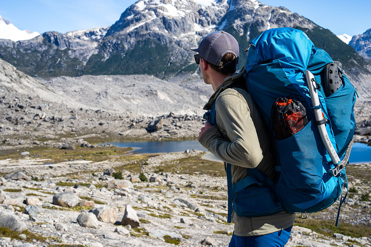 Gregory Stout 70 backpack (shot from side in mountains)