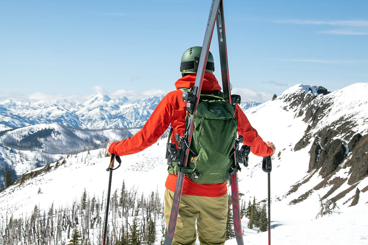 Head Kore 99 all-mountain ski (strapped to backpack)