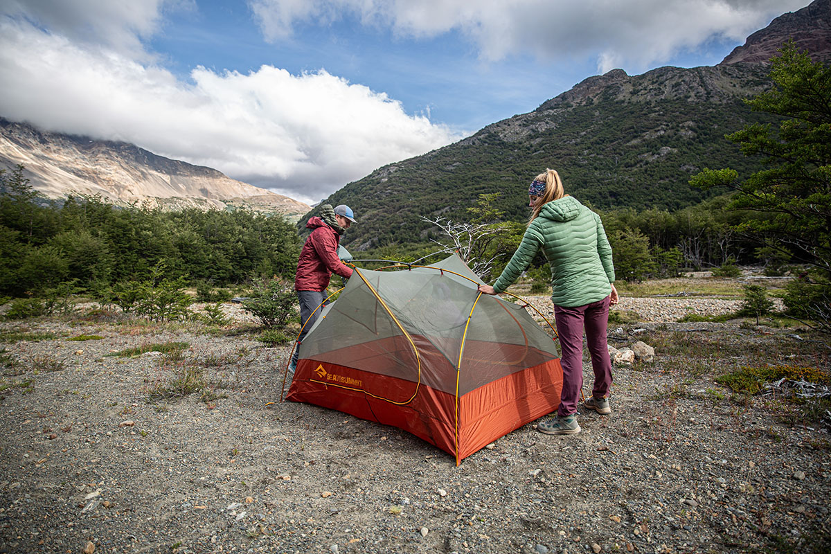 Helly Hansen Verglas Hooded Down Insulator Jacket (setting up Sea to Summit Ikos tent)