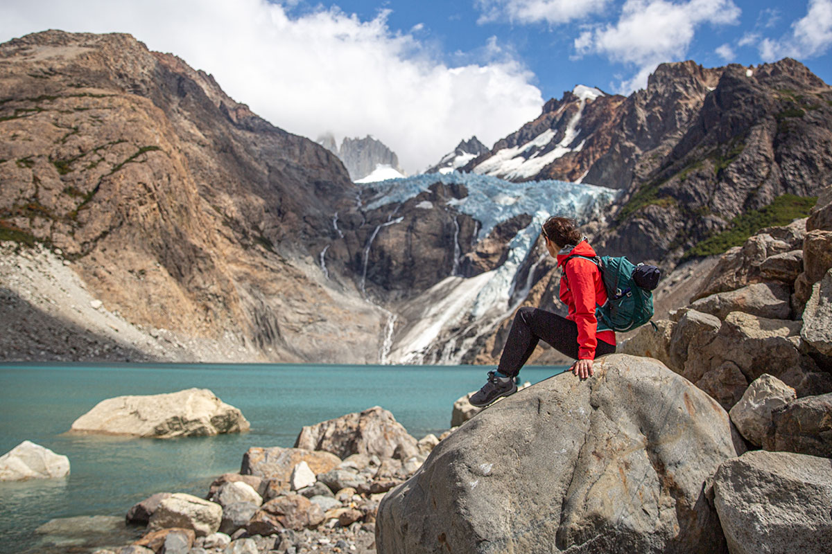 KEEN Terradora Flex hiking boot (sitting on rock by glacier)