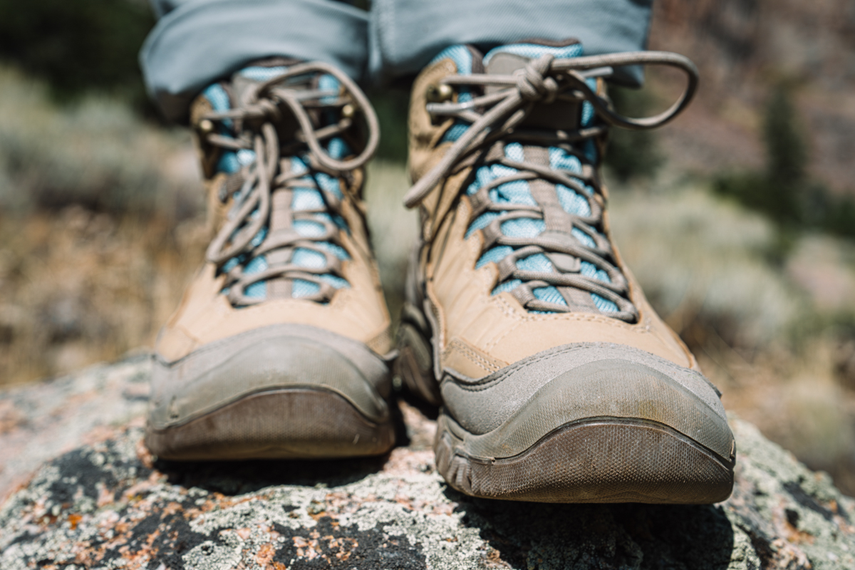 A close up of the rubber toe bumper on the front of a pair of waterproof hiking boots