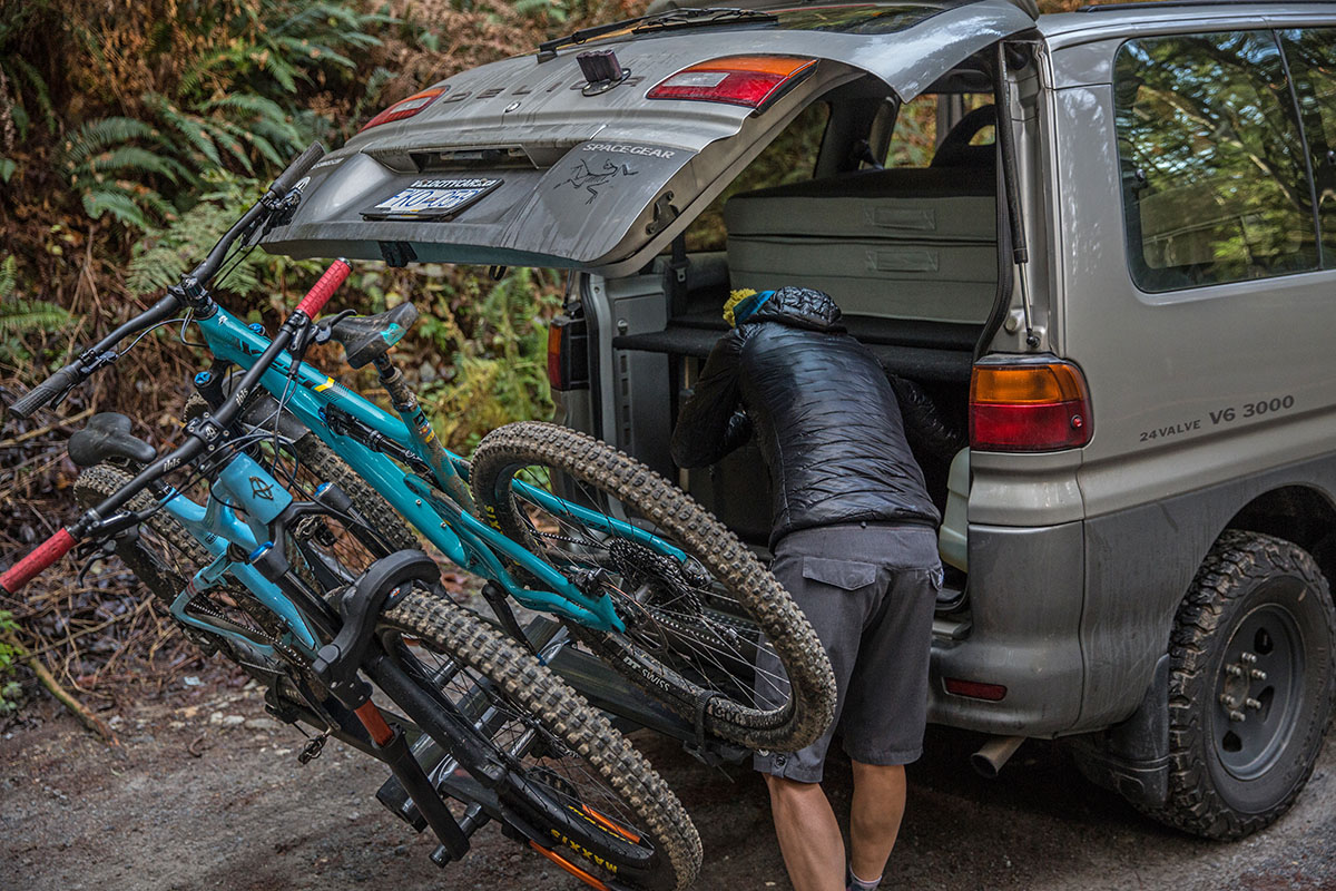 Kuat NV 2.0 hitch bike rack (bikes tilted with hatch open)