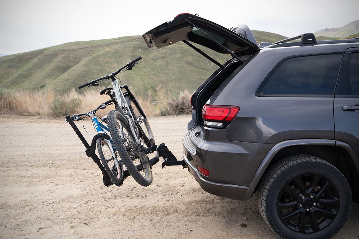 Kuat Transfer V2 hitch bike rack (lowered with bikes)