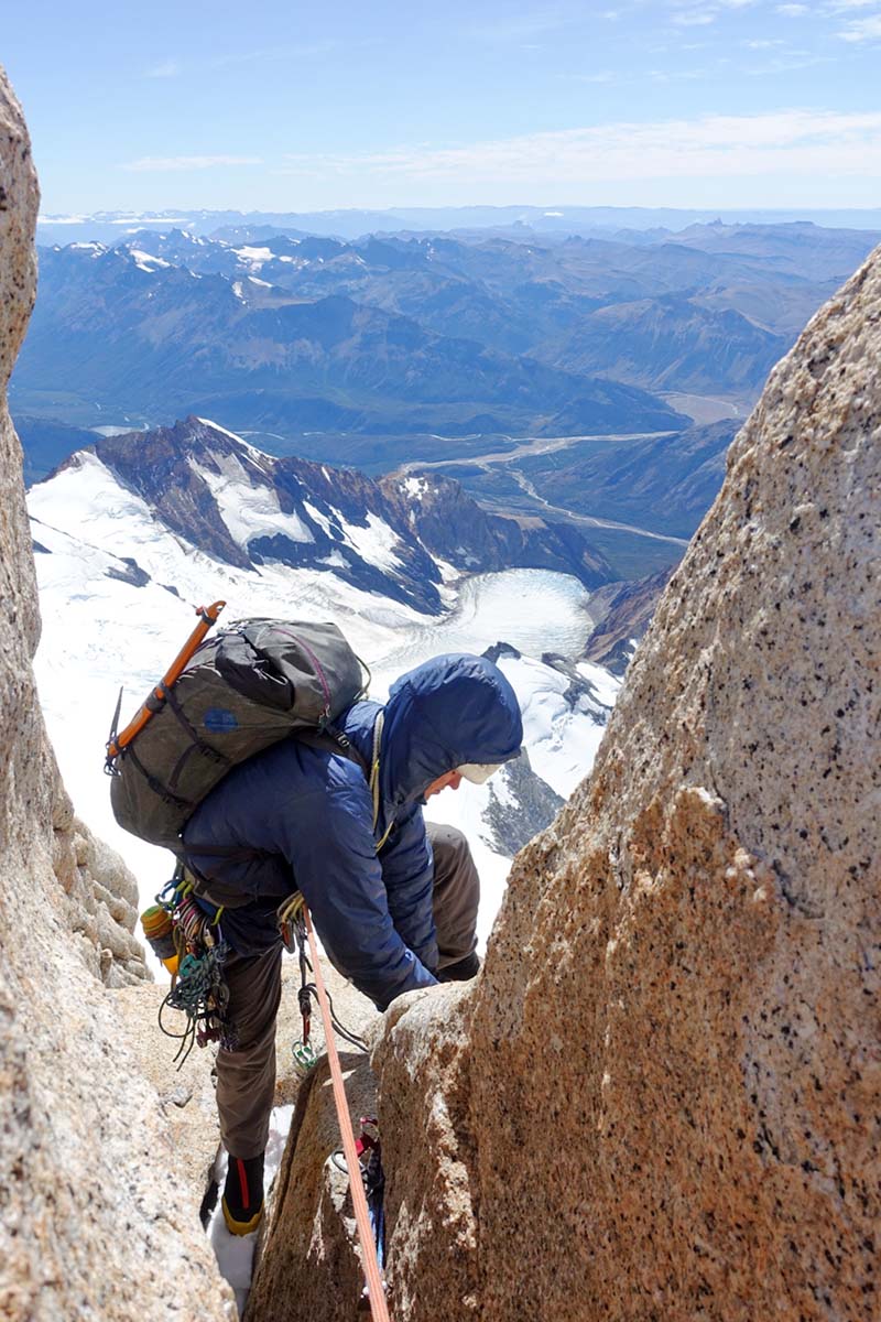 Lacing up boots before rapelling Poincenot (La Sportiva Aequilibrium Top GTX)