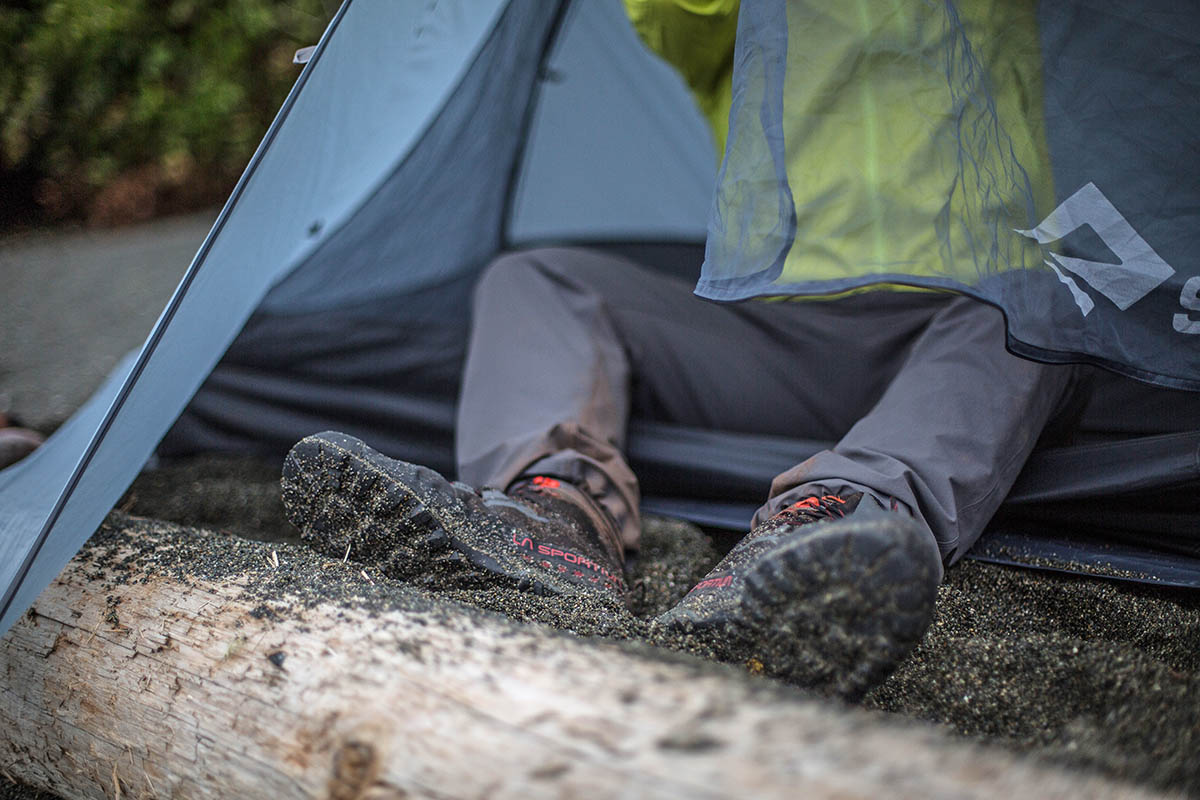 La Sportiva TXS GTX hiking boot (covered in sand at camp)