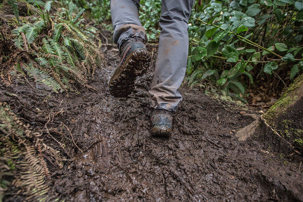 La Sportiva TXS GTX hiking boot (hiking up muddy slope)