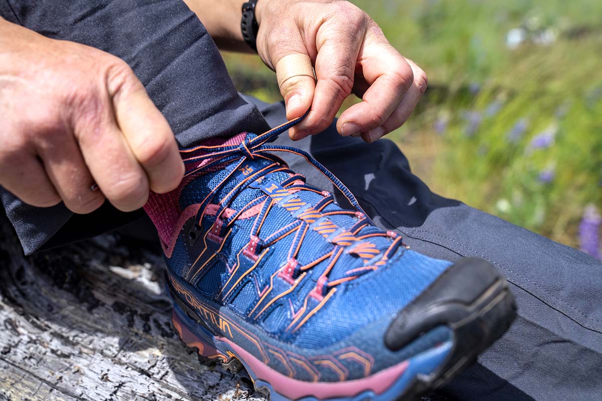 Lacing up the La Sportiva Ultra Raptor II trail running shoes (close up)
