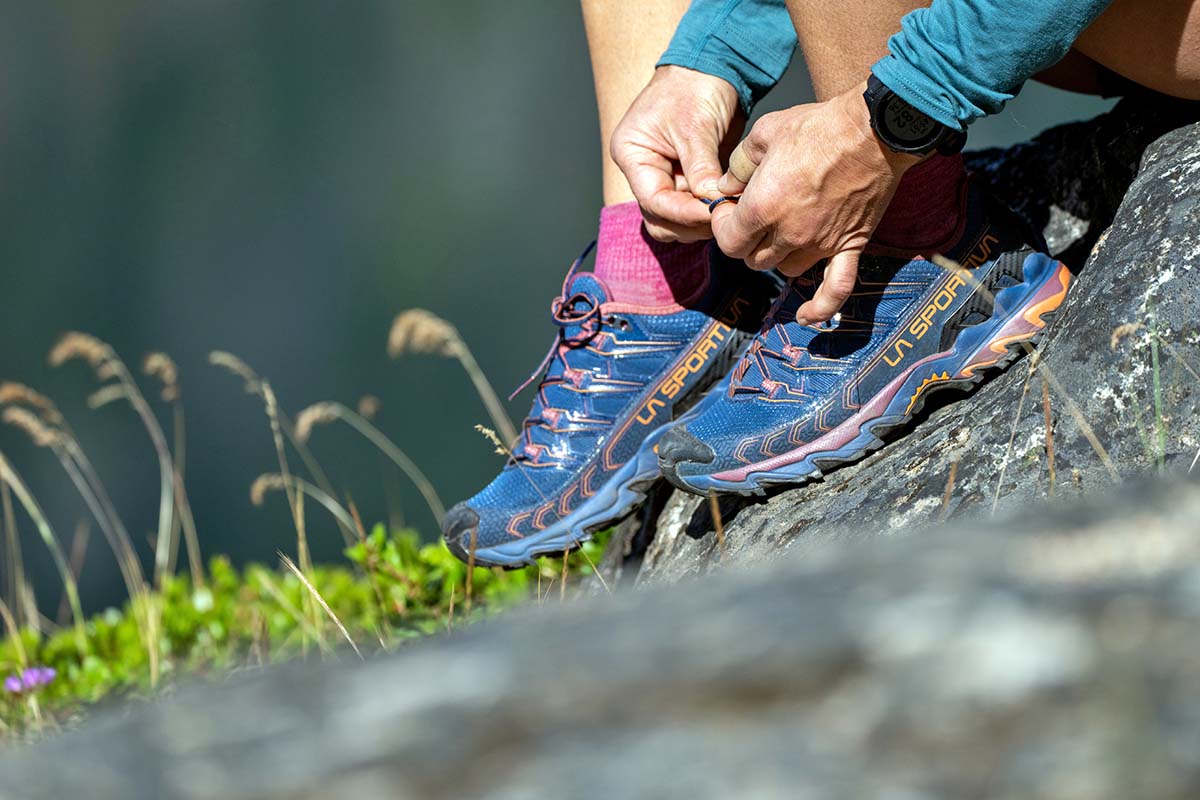 Lacing up the La Sportiva Ultra Raptor II trail running shoes