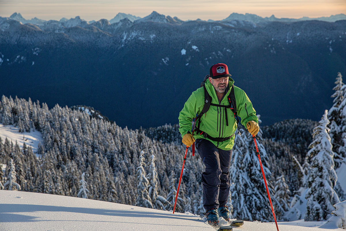 Lange XT3 ski boot (skinning with mountain backdrop)